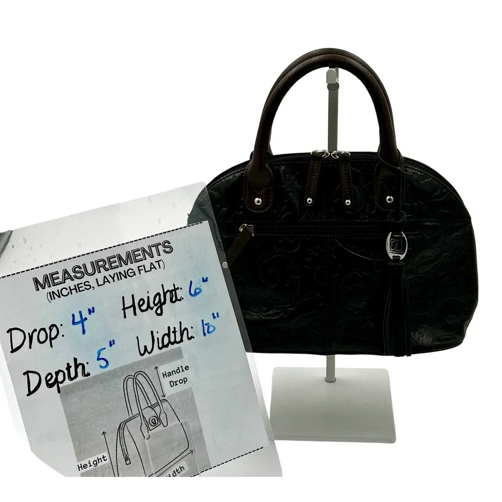 Tignanello Leather Satchel Womens Black Embossed Handbag Tassel‎ Classic